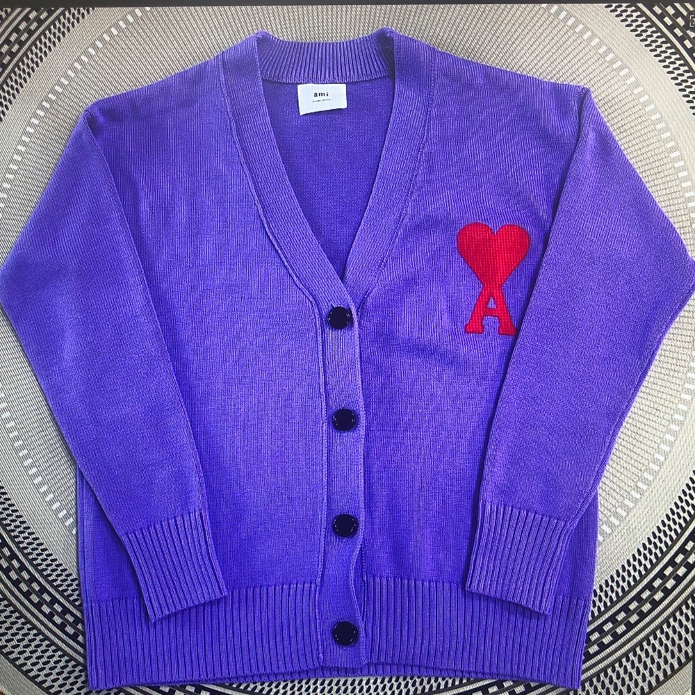 Ami Purple Cardigan with Red Heart Accent